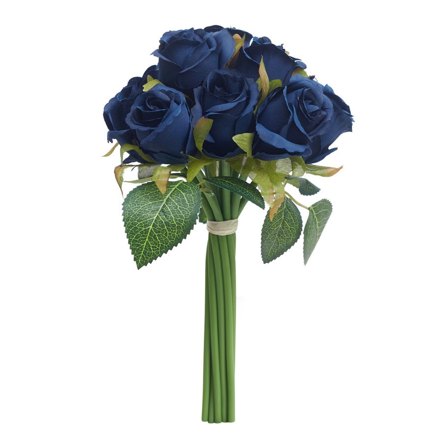Silk Hand Tied Lila Bud Rose & Tea Rose Bouquet (Navy)