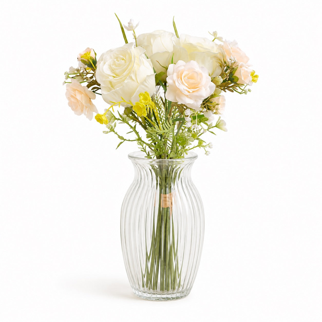 Artificial Silk Rose & Foliage Bouquet (Pale Lemon & Soft Peach)