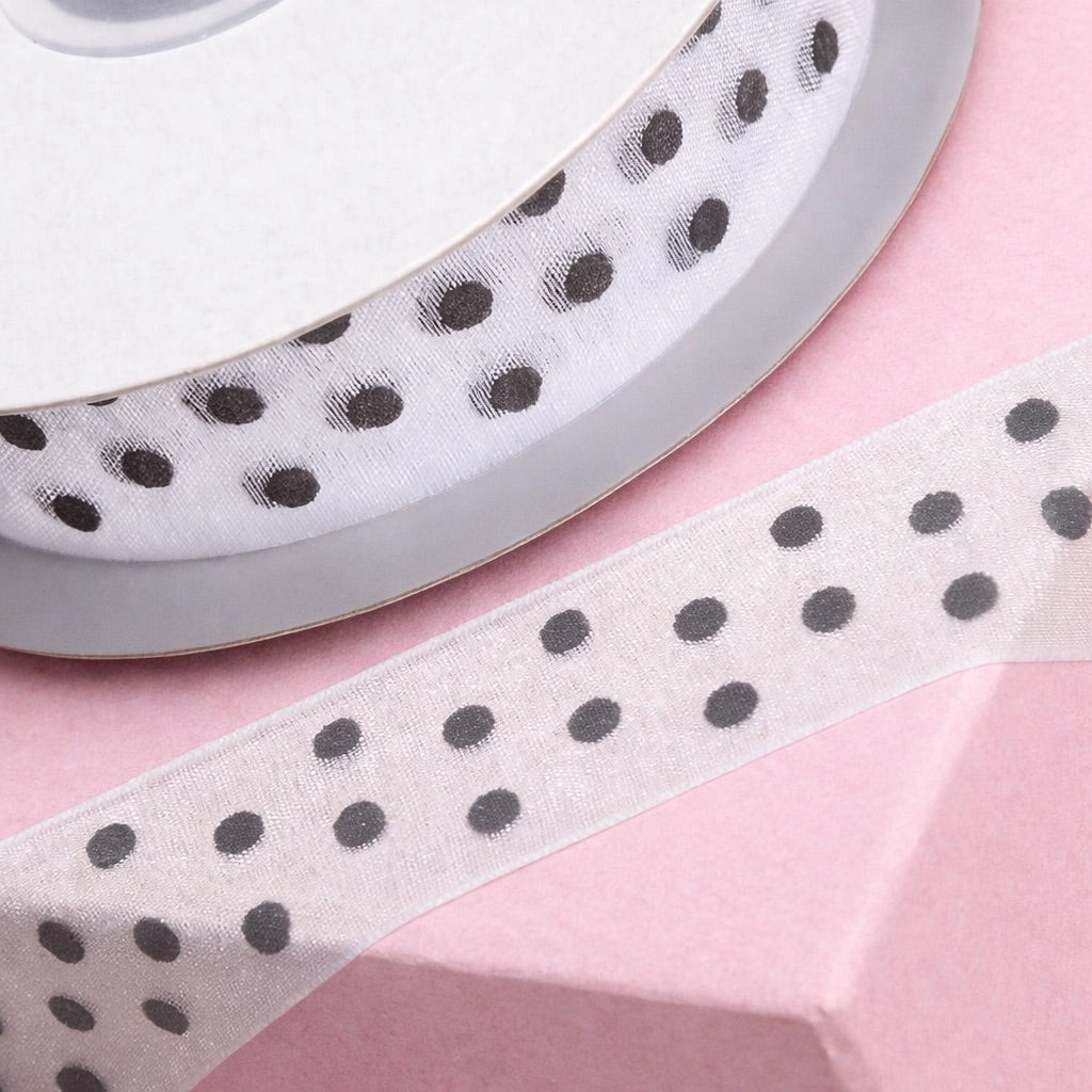Organza Ribbon White & Black Spots - 23mm x 25m