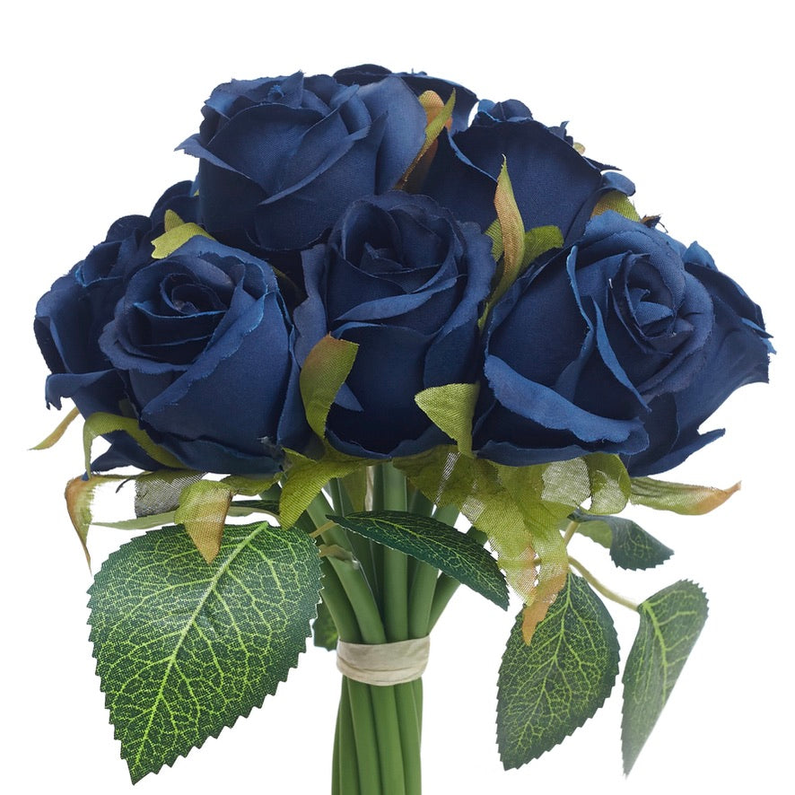 Silk Hand Tied Lila Bud Rose & Tea Rose Bouquet (Navy)