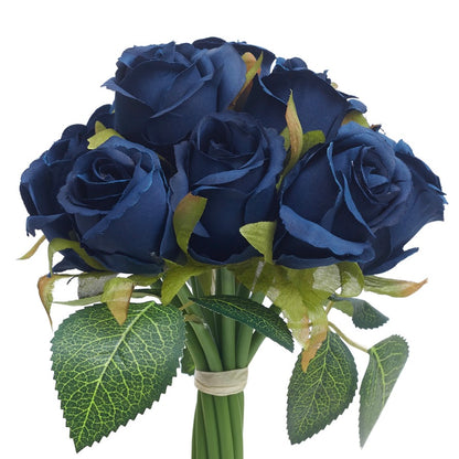 Silk Hand Tied Lila Bud Rose & Tea Rose Bouquet (Navy)