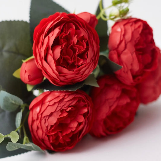 Artificial Silk Peony & Tea Rose Bouquet (Red)