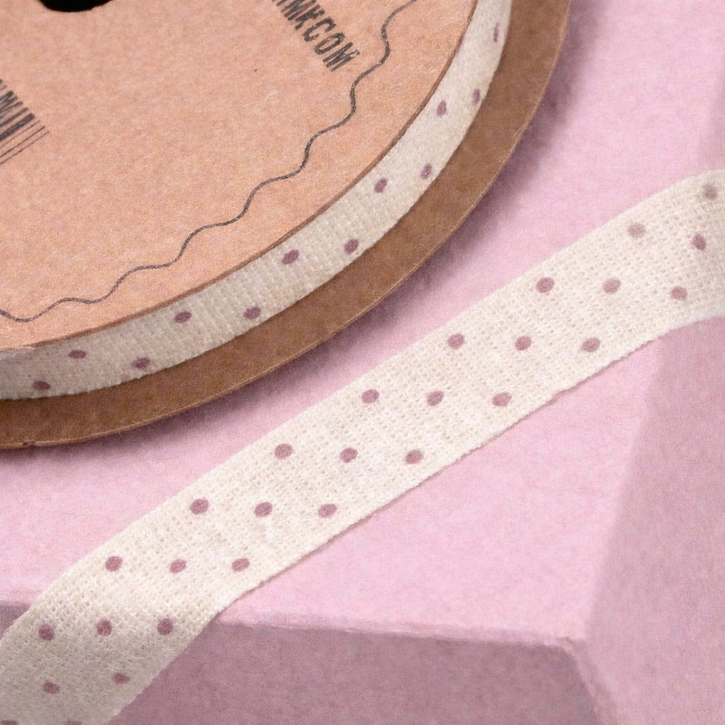 Natural Ribbon With Rose Pink Spots - 12mm x 10m