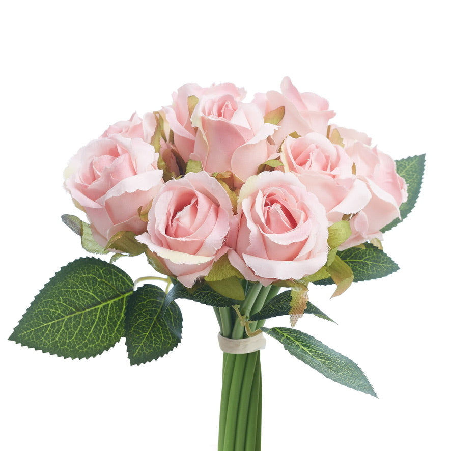 Silk Hand Tied Lila Bud Rose & Tea Rose Bouquet (Soft Pink)