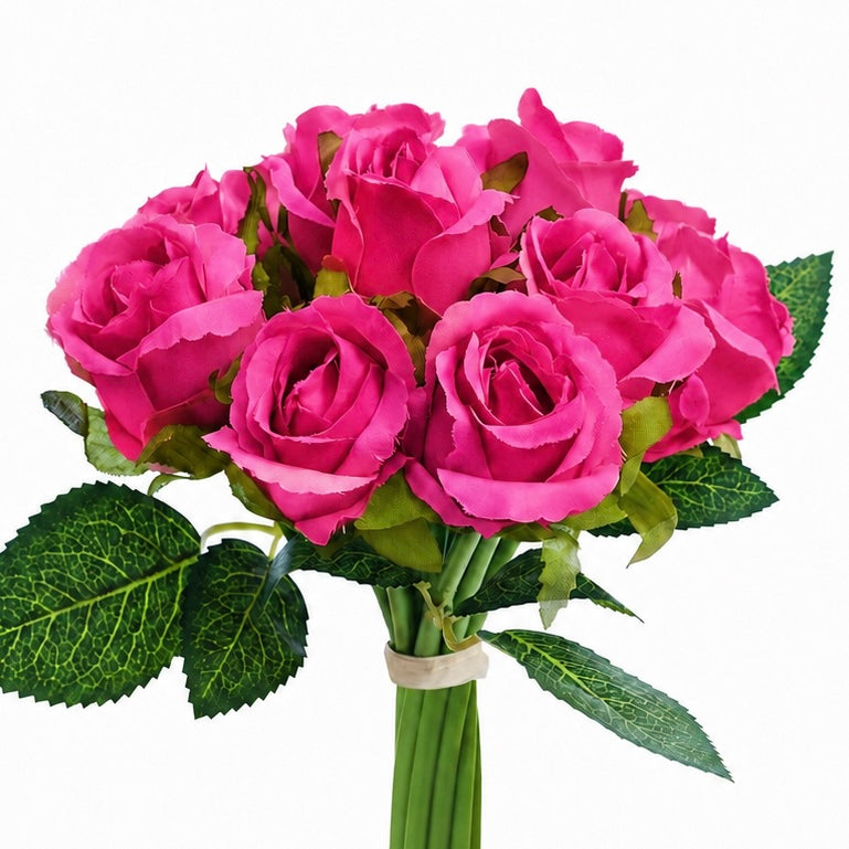 Silk Hand Tied Lila Bud Rose & Tea Rose Bouquet (Hot Pink)