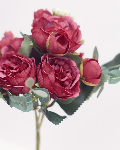 Artificial Silk Peony & Tea Rose Bouquet (Pretty Deep Red)