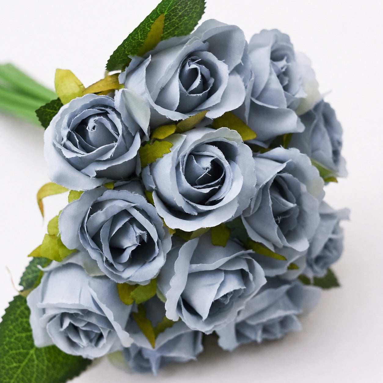 Silk Hand Tied Lila Bud Rose & Tea Rose Bouquet (Dusty Blue)