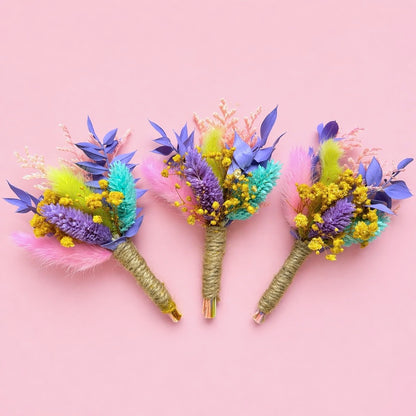 Dried Flower Mini Bouquets / Buttonholes x 3 (Rainbow Sherbet)