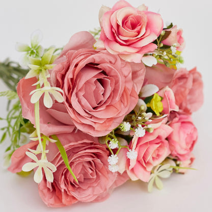 Artificial Silk Rose & Foliage Bouquet (Pink)