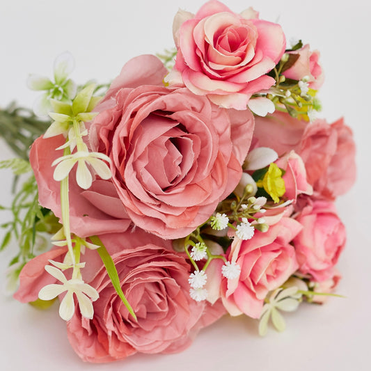 Artificial Silk Rose & Foliage Bouquet (Pink)