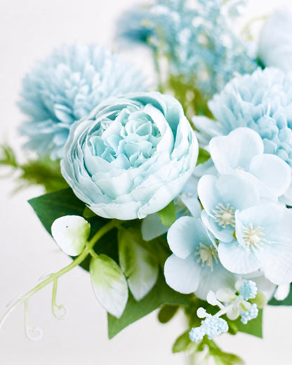 Silk Artificial Flower Bouquet - Philippine Roses, Peonies, Dandelion Flower Balls & Foliage (Cool Blue)
