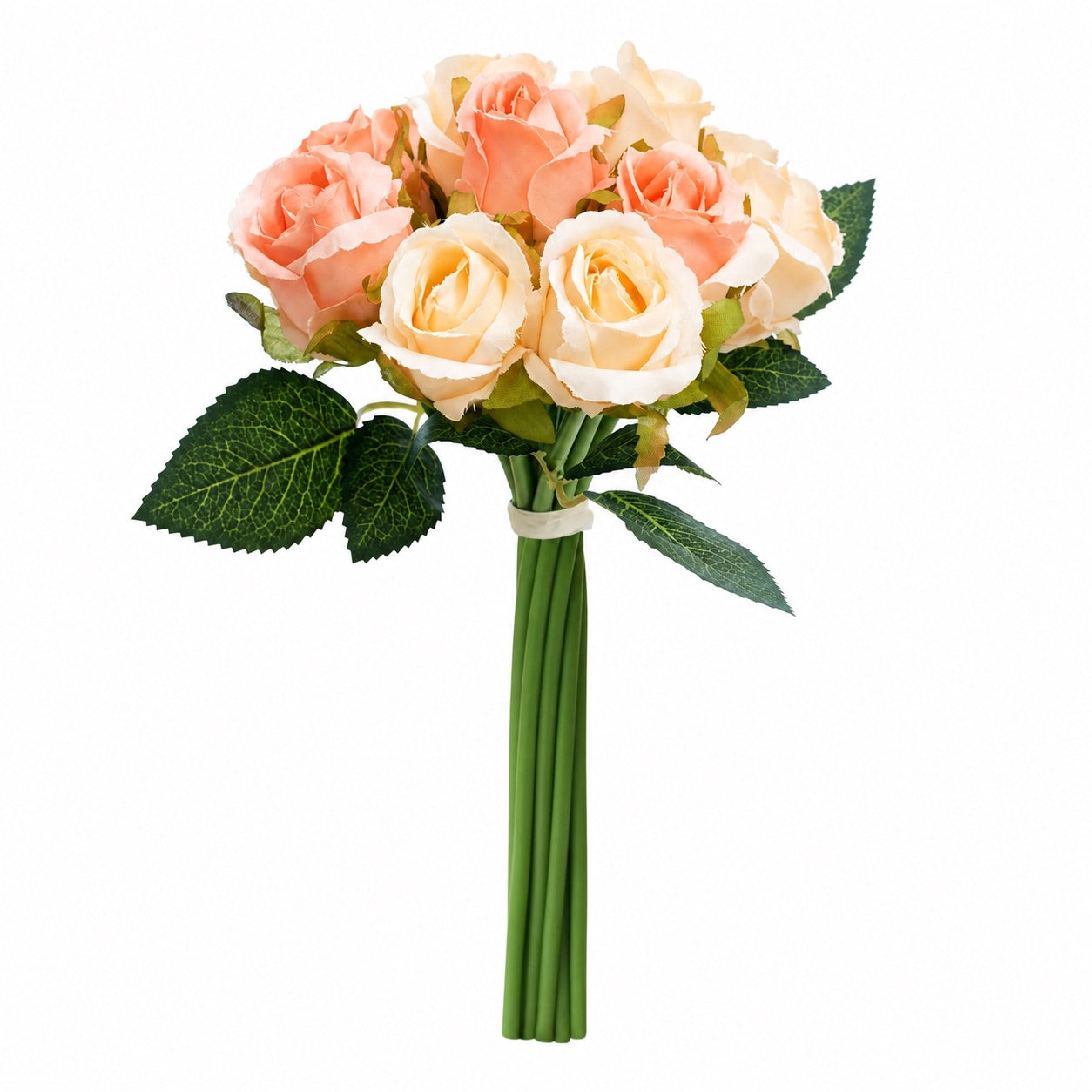 Silk Hand Tied Lila Bud Rose & Tea Rose Bouquet (Peaches & Cream)