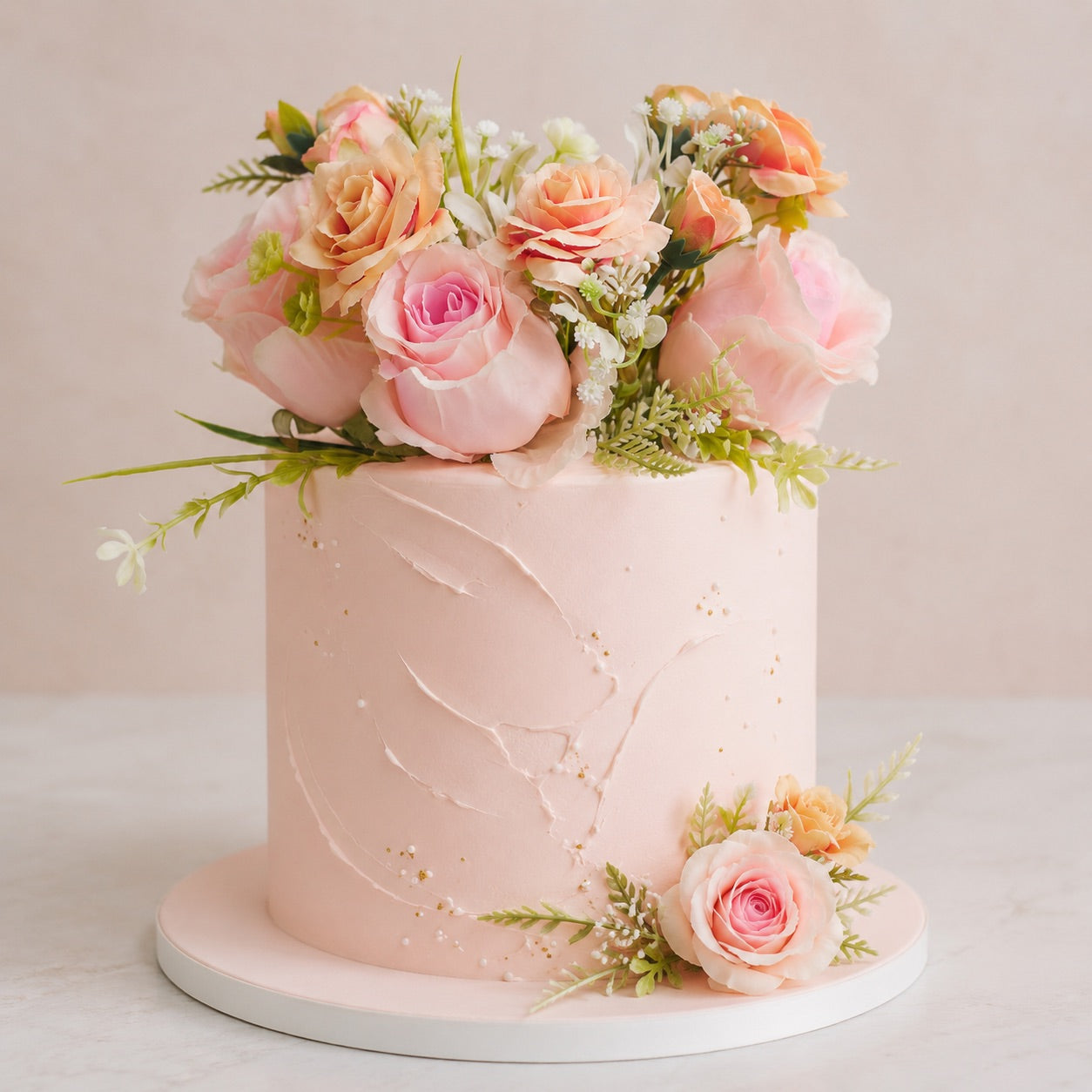 Artificial Silk Rose & Foliage Bouquet (Peach & Soft Orange)