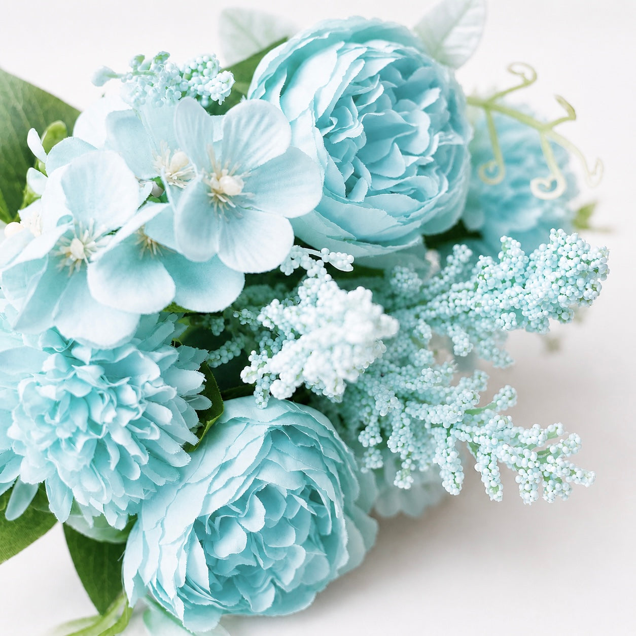 Silk Artificial Flower Bouquet - Philippine Roses, Peonies, Dandelion Flower Balls & Foliage (Cool Blue)