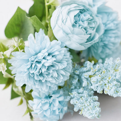 Silk Artificial Flower Bouquet - Philippine Roses, Peonies, Dandelion Flower Balls & Foliage (Cool Blue)