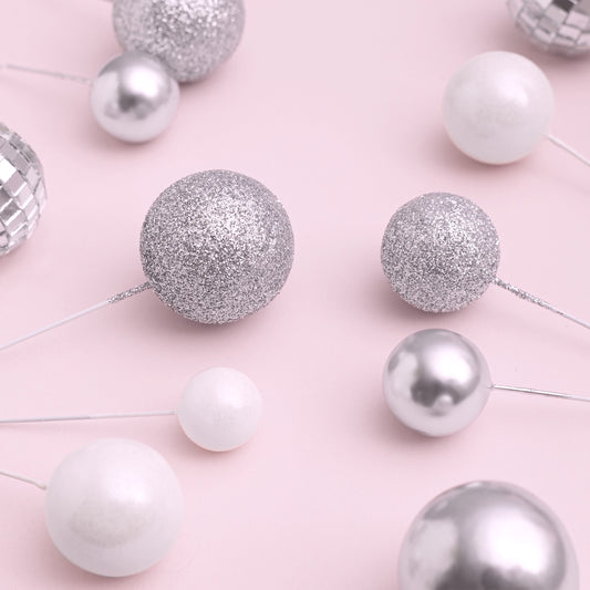 32 Piece Cake Decorating Glitter & Disco Ball Sets (Silver Disco, Silver, Silver Glitter & White Pearl)