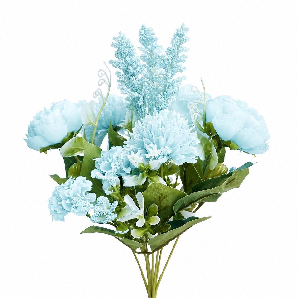 Silk Artificial Flower Bouquet - Philippine Roses, Peonies, Dandelion Flower Balls & Foliage (Cool Blue)