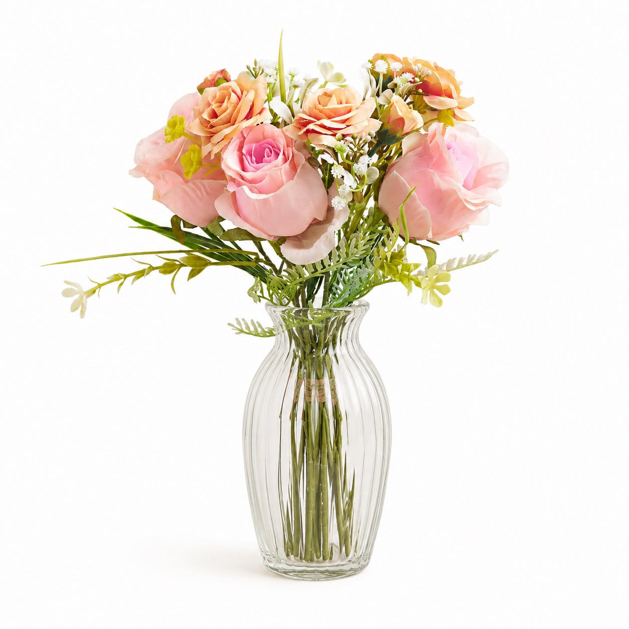 Artificial Silk Rose & Foliage Bouquet (Peach & Soft Orange)