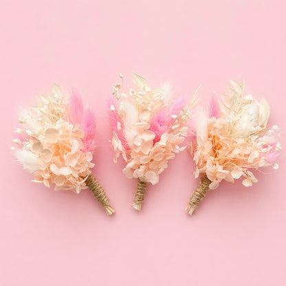 Dried Flower Mini Bouquets / Buttonholes x 3 (Pink & White)