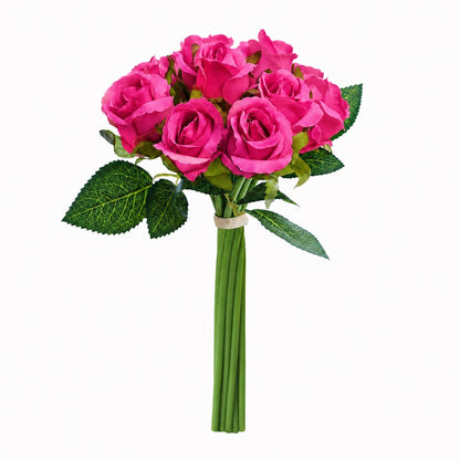 Silk Hand Tied Lila Bud Rose & Tea Rose Bouquet (Hot Pink)