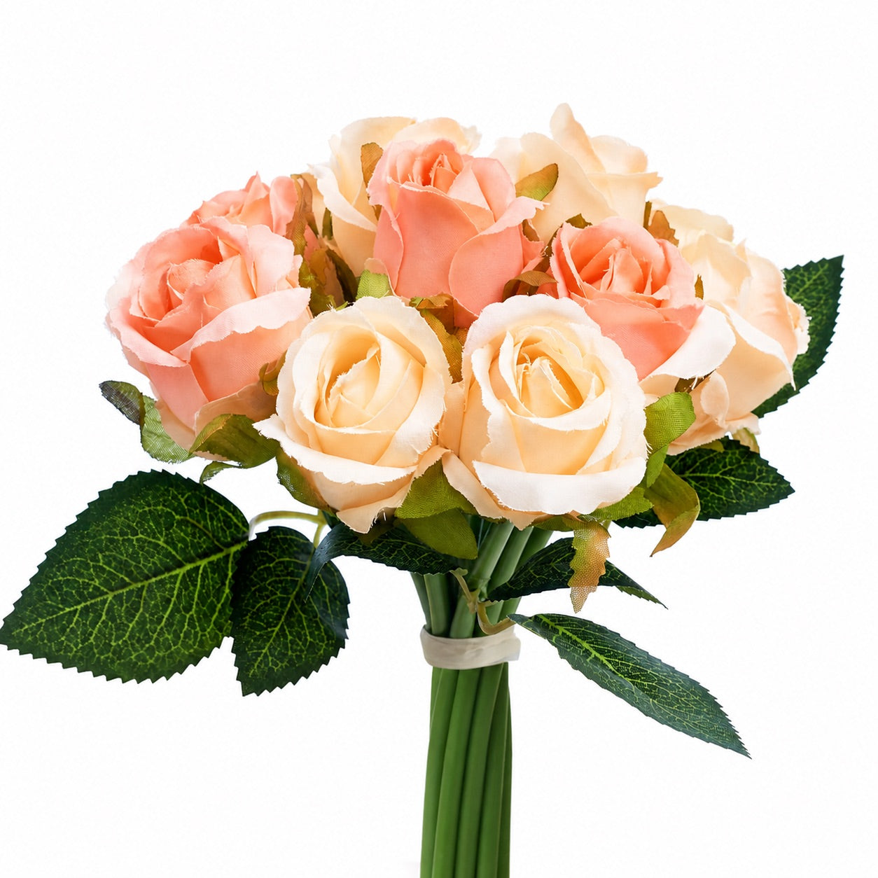 Silk Hand Tied Lila Bud Rose & Tea Rose Bouquet (Peaches & Cream)