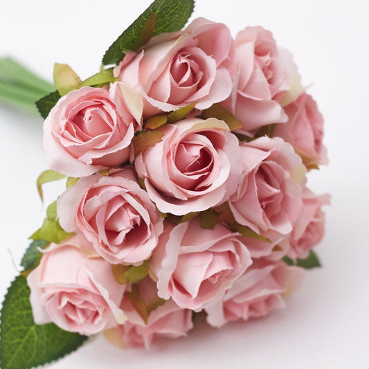 Silk Hand Tied Lila Bud Rose & Tea Rose Bouquet (Soft Pink)
