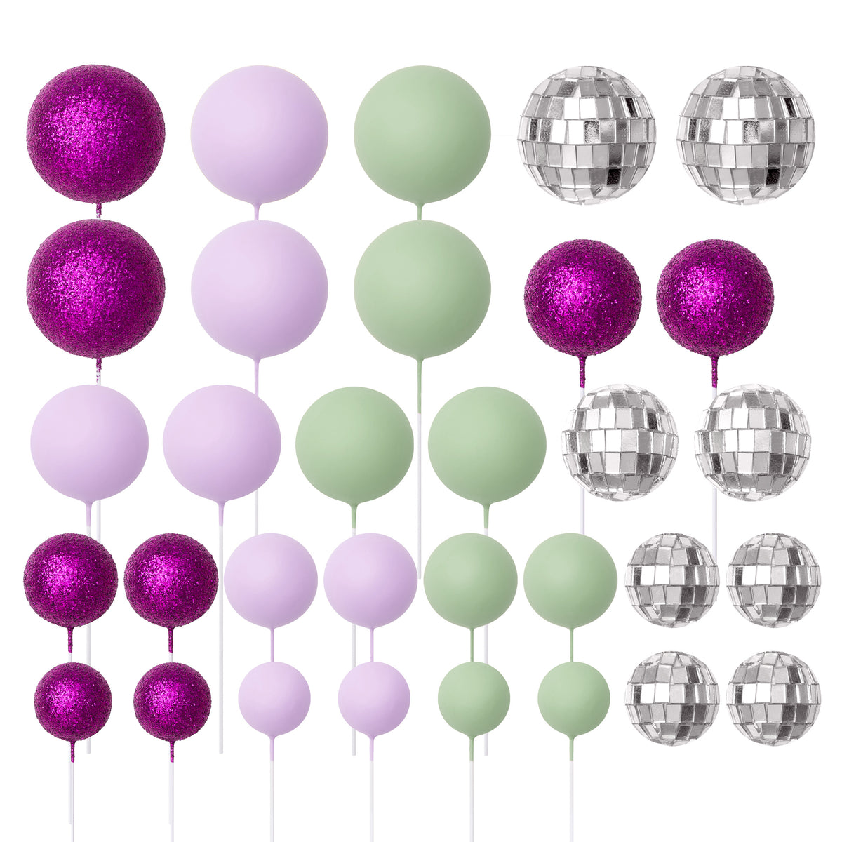 32 Piece Cake Decorating Glitter & Disco Ball Sets (Silver Disco, Purple Glitter, Mint & Lilac)