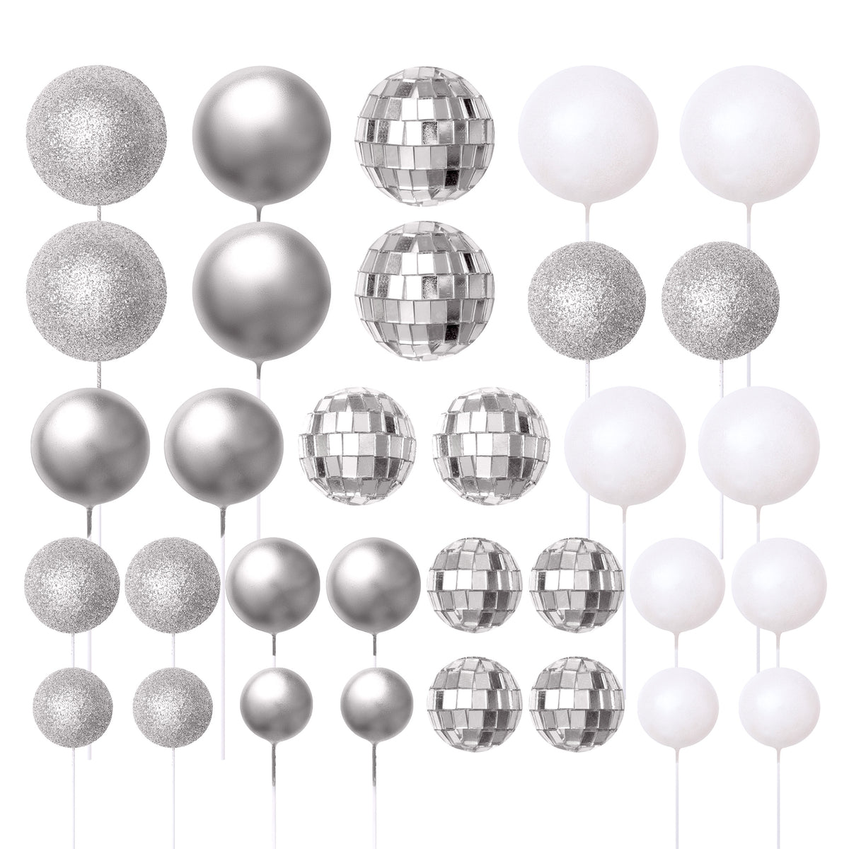 32 Piece Cake Decorating Glitter & Disco Ball Sets (Silver Disco, Silver, Silver Glitter & White Pearl)