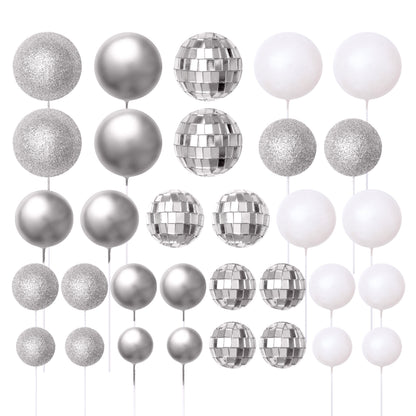 32 Piece Cake Decorating Glitter & Disco Ball Sets (Silver Disco, Silver, Silver Glitter & White Pearl)