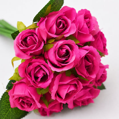 Silk Hand Tied Lila Bud Rose & Tea Rose Bouquet (Hot Pink)