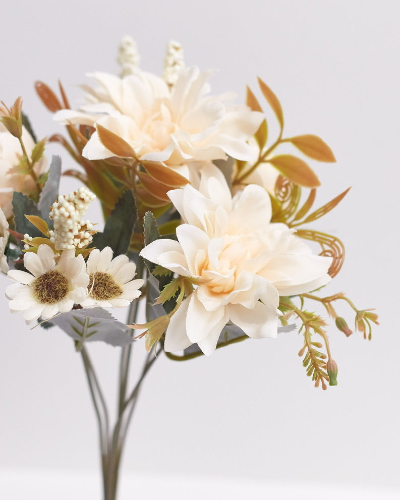 Mixed Artificial Silk Flower Bouquet - Peonies, Dahlia Roses, Daises & Foilage (Cream Champagne)