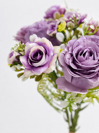 Artificial Silk Rose & Foliage Bouquet (Lilac & Purple)