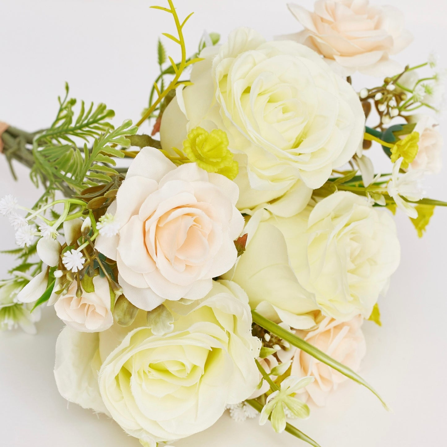 Artificial Silk Rose & Foliage Bouquet (Pale Lemon & Soft Peach)