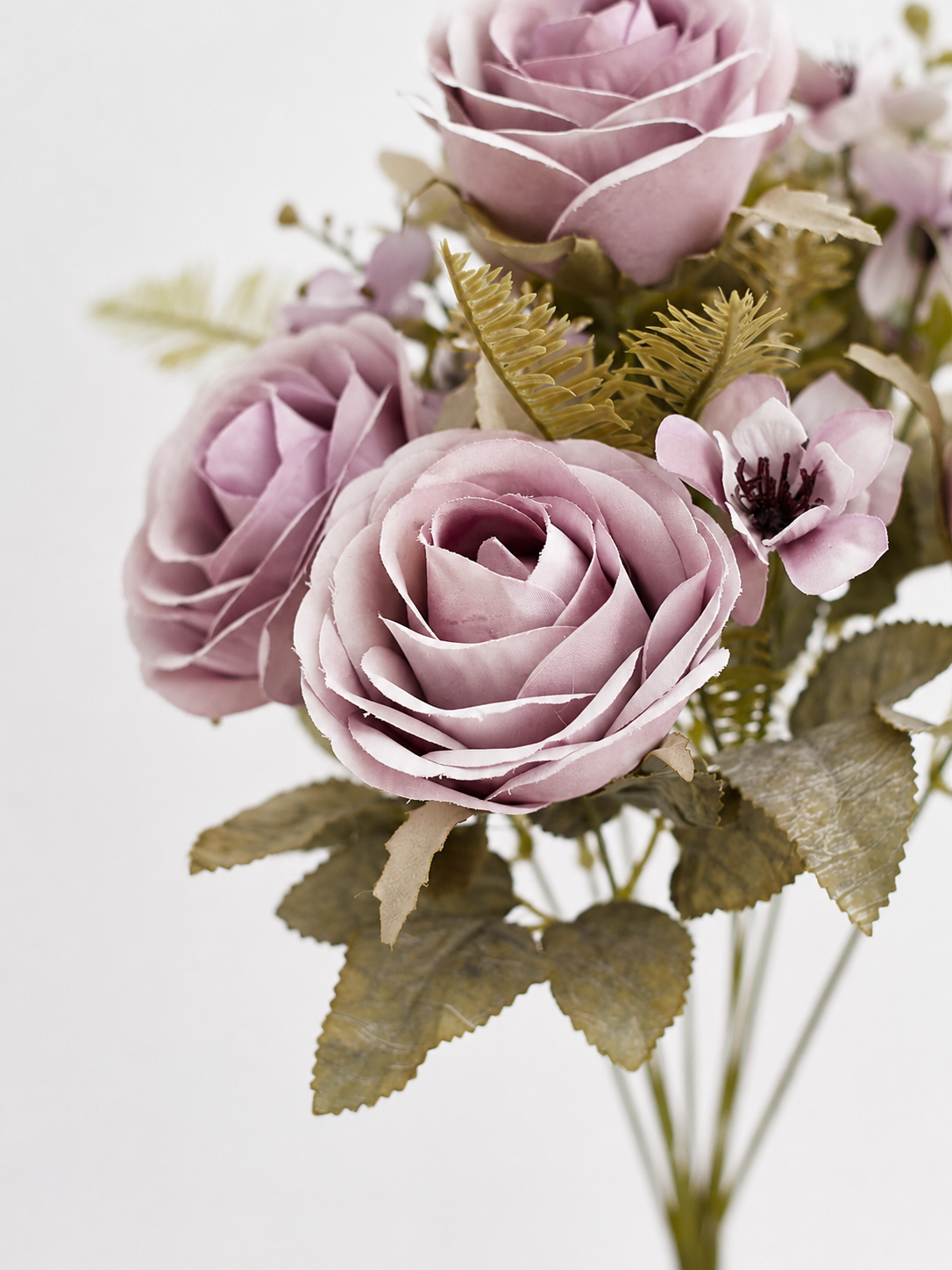 Artificial Silk Rose, Anemone & Foliage Bouquet (Pale Lilac)