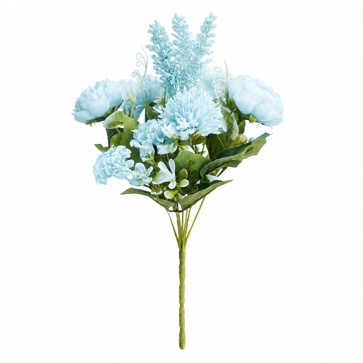Silk Artificial Flower Bouquet - Philippine Roses, Peonies, Dandelion Flower Balls & Foliage (Cool Blue)