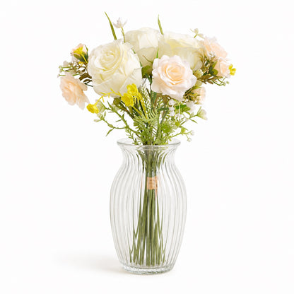 Artificial Silk Rose & Foliage Bouquet (Pale Lemon & Soft Peach)