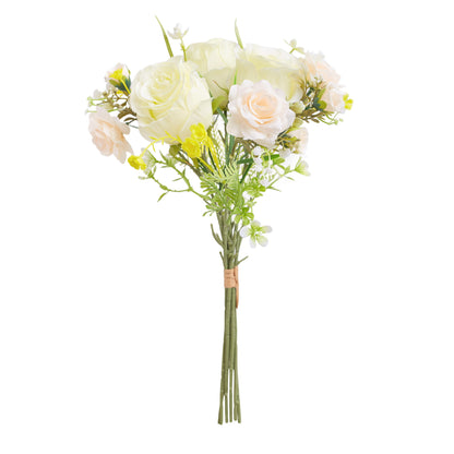 Artificial Silk Rose & Foliage Bouquet (Pale Lemon & Soft Peach)