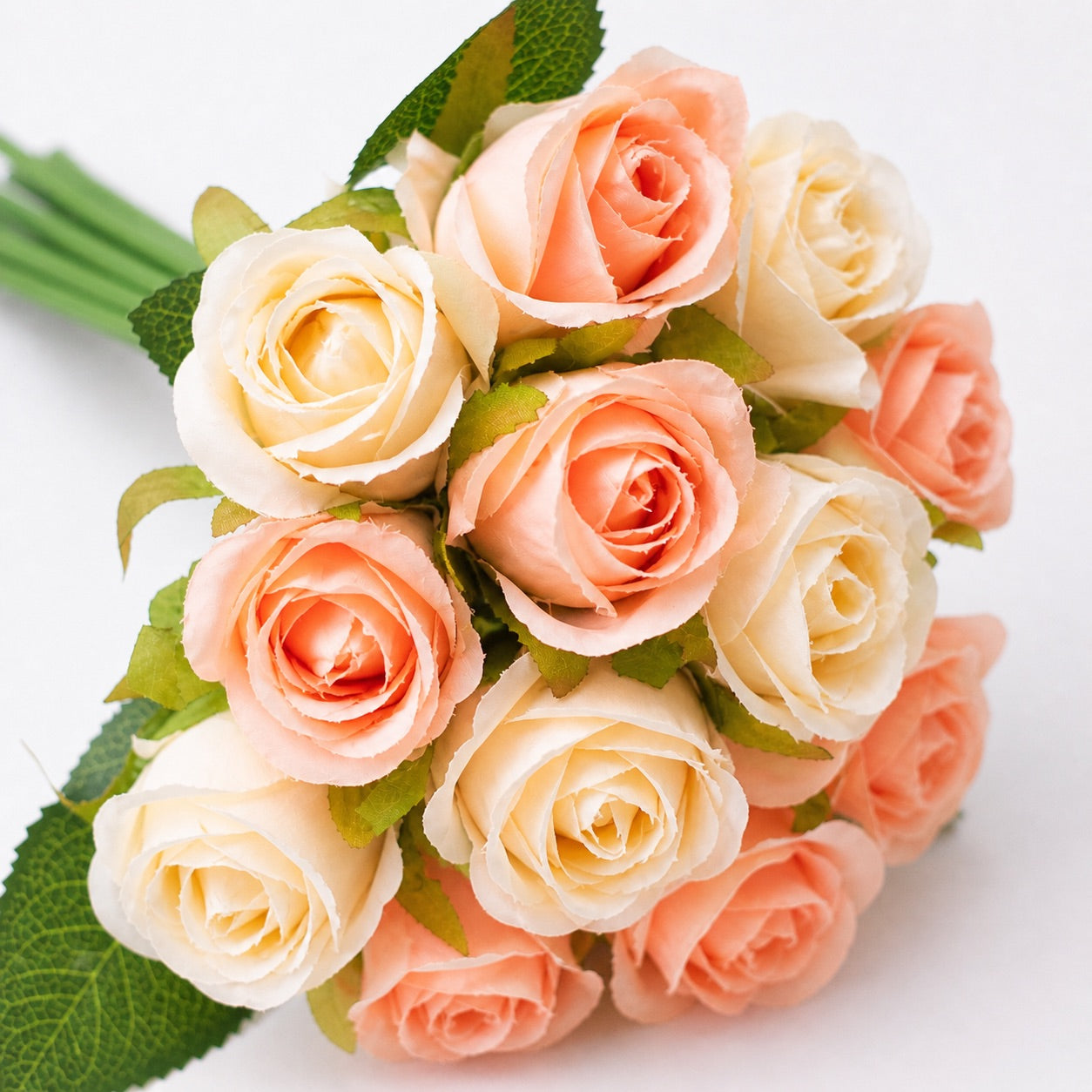 Silk Hand Tied Lila Bud Rose & Tea Rose Bouquet (Peaches & Cream)