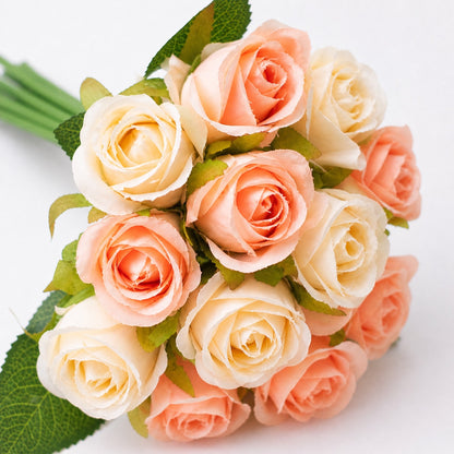 Silk Hand Tied Lila Bud Rose & Tea Rose Bouquet (Peaches & Cream)
