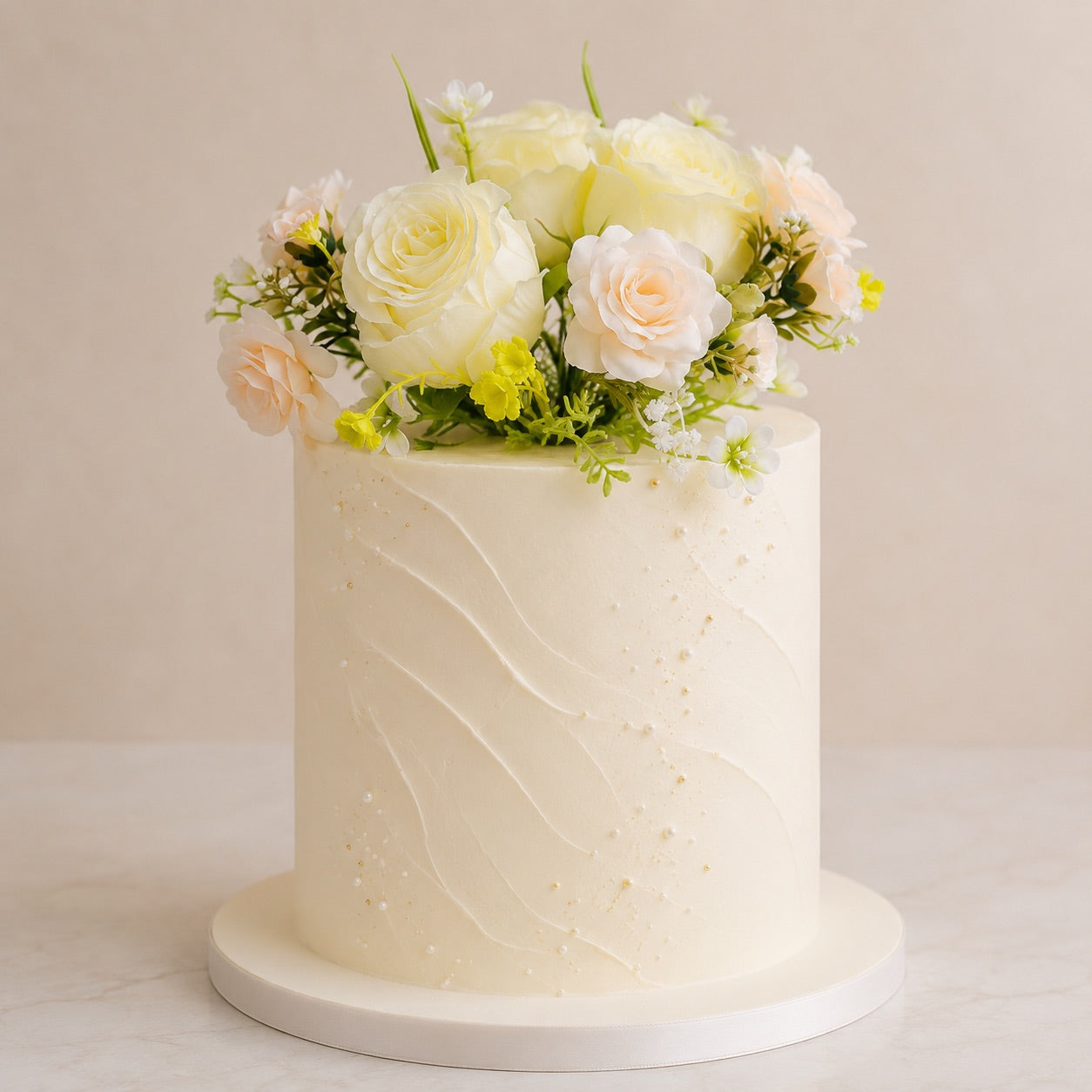 Artificial Silk Rose & Foliage Bouquet (Pale Lemon & Soft Peach)