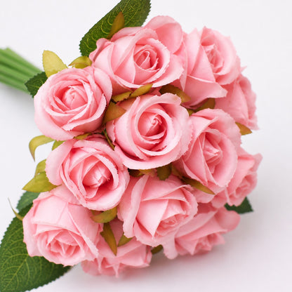 Silk Hand Tied Lila Bud Rose & Tea Rose Bouquet (Pink)