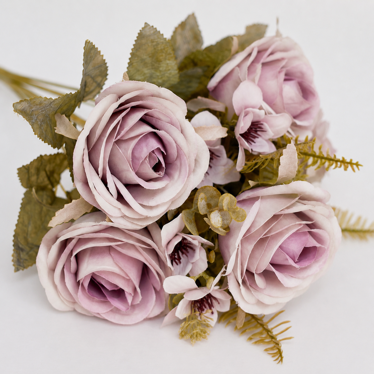 Artificial Silk Rose, Anemone & Foliage Bouquet (Pale Lilac)