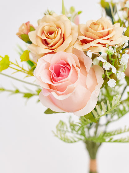 Artificial Silk Rose & Foliage Bouquet (Peach & Soft Orange)