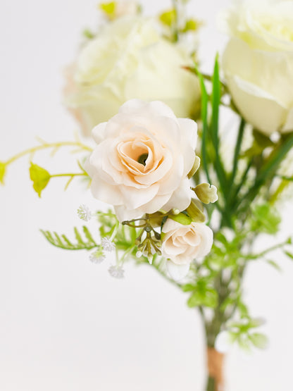 Artificial Silk Rose & Foliage Bouquet (Pale Lemon & Soft Peach)
