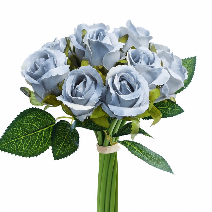 Silk Hand Tied Lila Bud Rose & Tea Rose Bouquet (Dusty Blue)