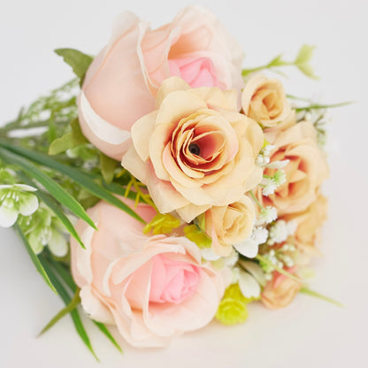 Artificial Silk Rose & Foliage Bouquet (Peach & Soft Orange)