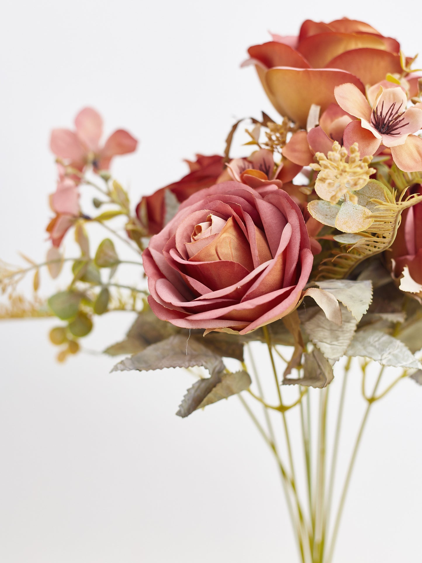 Artificial Silk Rose, Anemone & Foliage Bouquet (Orange Coffee)