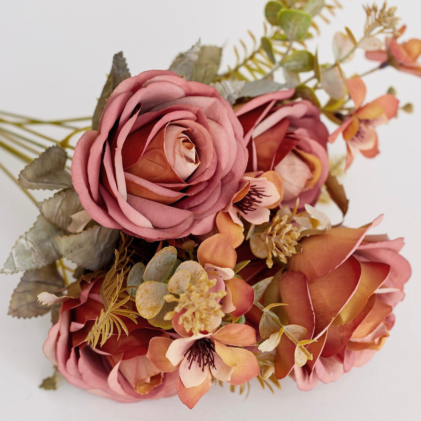 Artificial Silk Rose, Anemone & Foliage Bouquet (Orange Coffee)