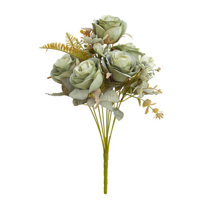 Artificial Silk Rose, Anemone & Foliage Bouquet (Sage)