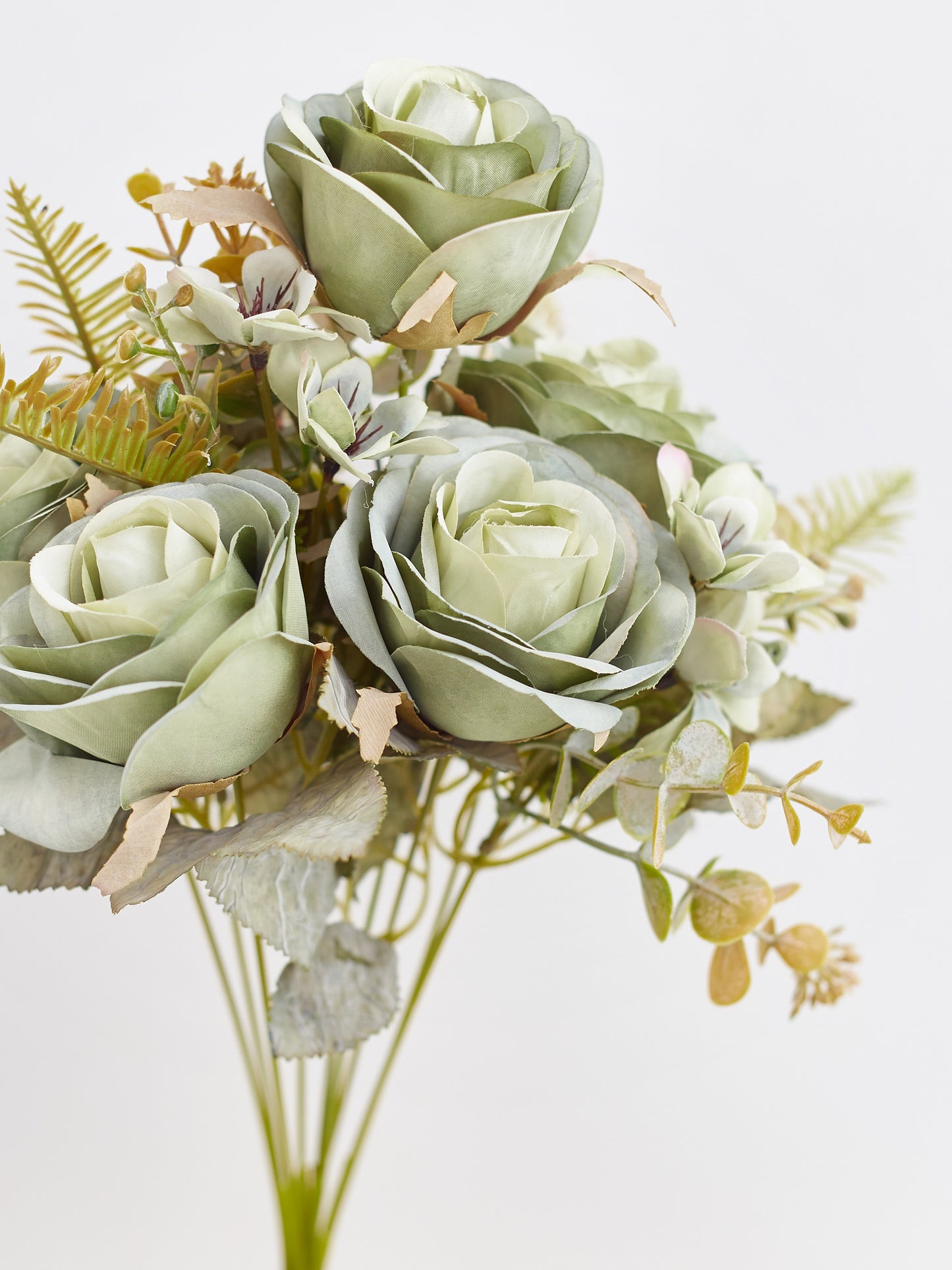 Artificial Silk Rose, Anemone & Foliage Bouquet (Sage)